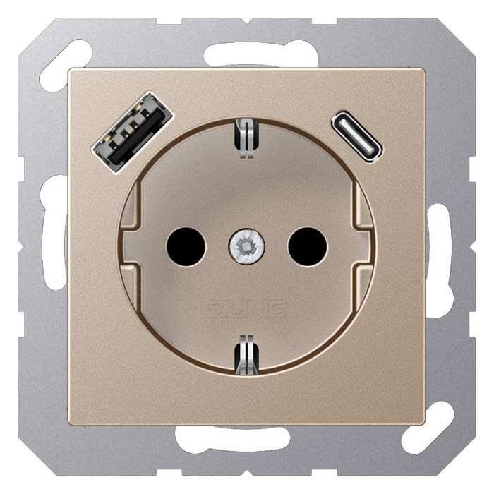 Розетка с USB Jung A 500, скрытый монтаж, с заземлением, шампань, A1520-15CACH